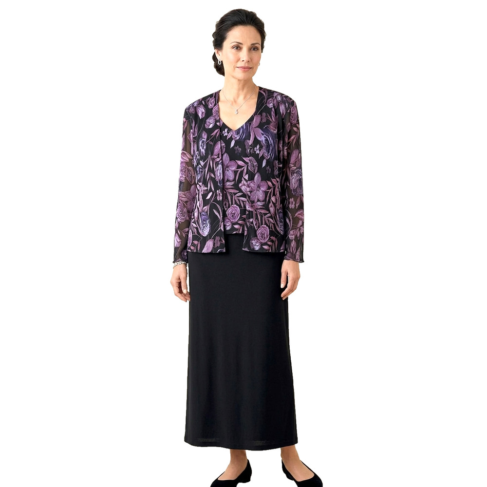 COLDWATER CREEK Maxi Jacket Dress Eggplant Purple Floral Black Long Sleeves 12